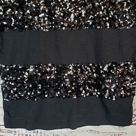 Loft Black Sequin Sparkle Holiday T Shirt M Shimmer Striped Chic Edgy Party Top - Picture 8 of 11